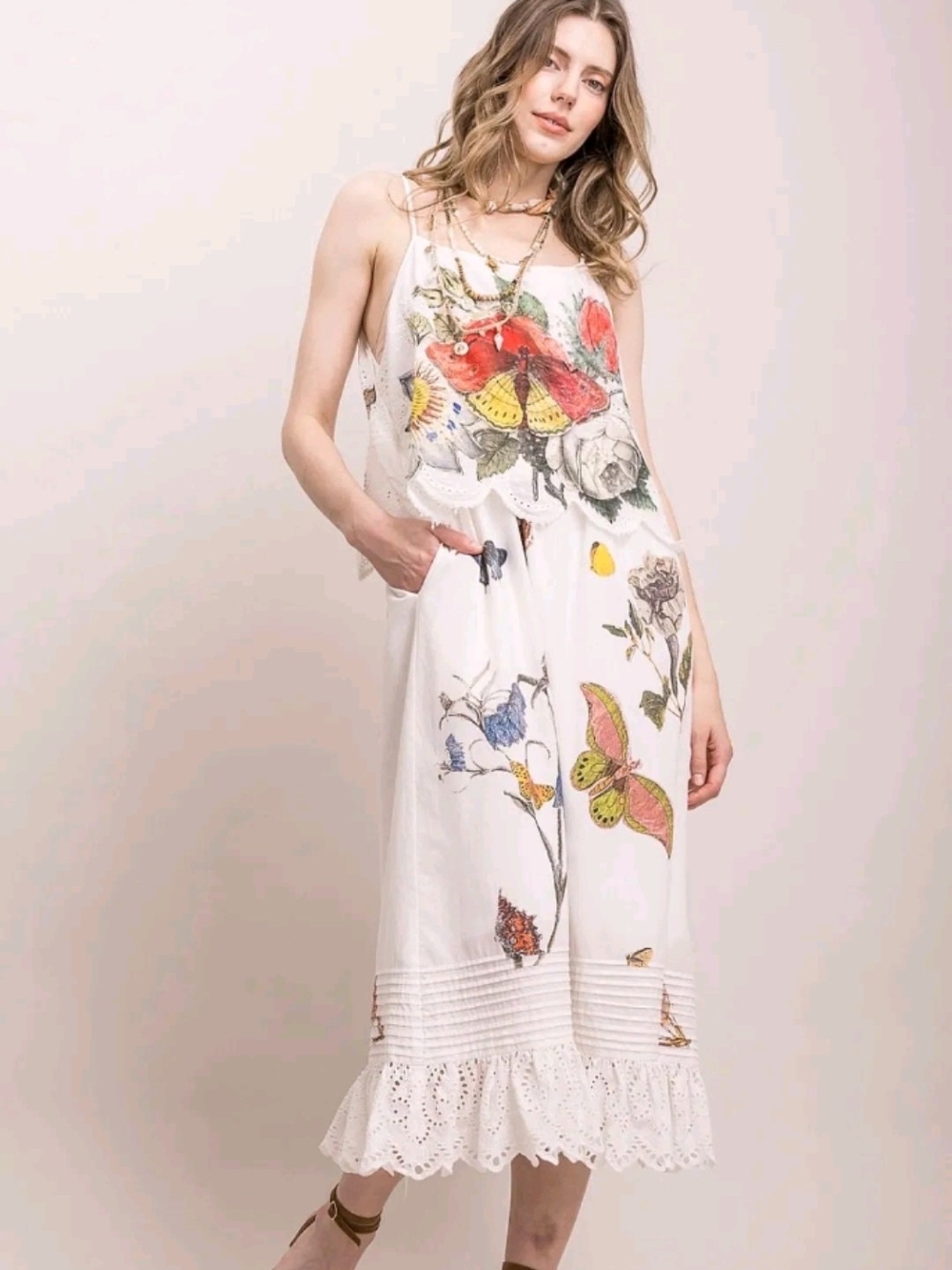 Blue Velvet Butterfly & Floral Midi Dress with Lace Trim